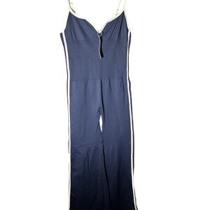 Sporty Blue and White Striped Jumpsuit with V-Neckline